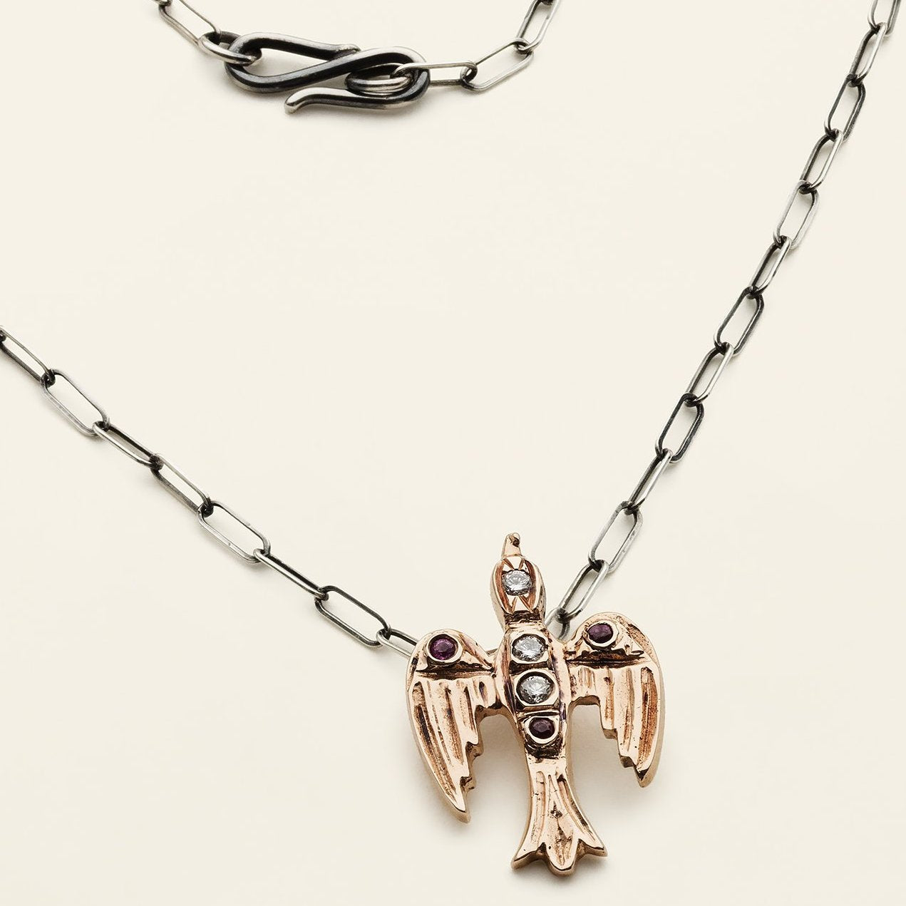LARGE BIRD HALSKÆDE - sølv og 14 karat rosa guld med diamanter og rubin