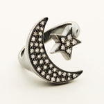 MOON & STAR RING - oxideret sølv med diamanter